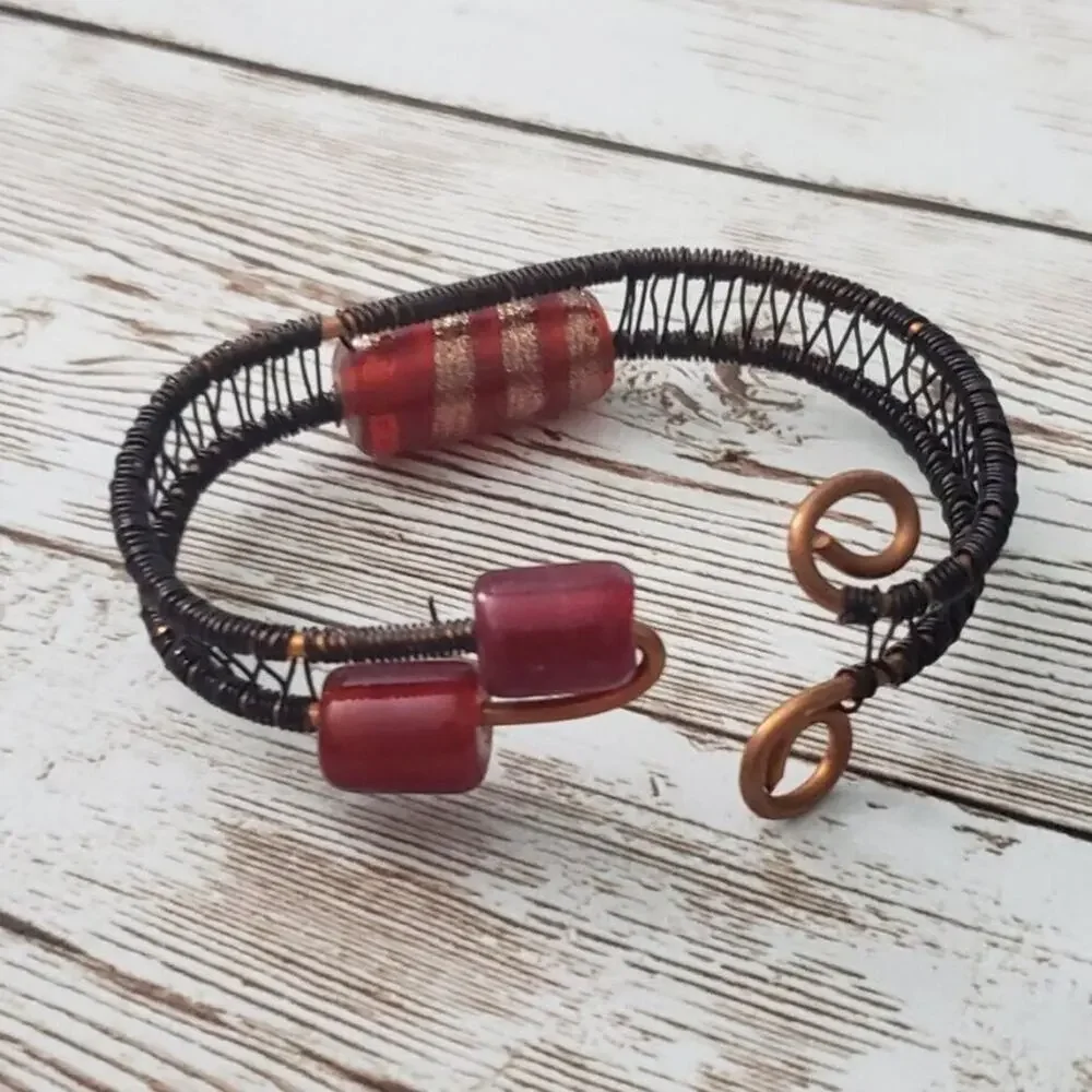 Vintage Bracelet Bangle Dark Wire Wrapped with Red Beads